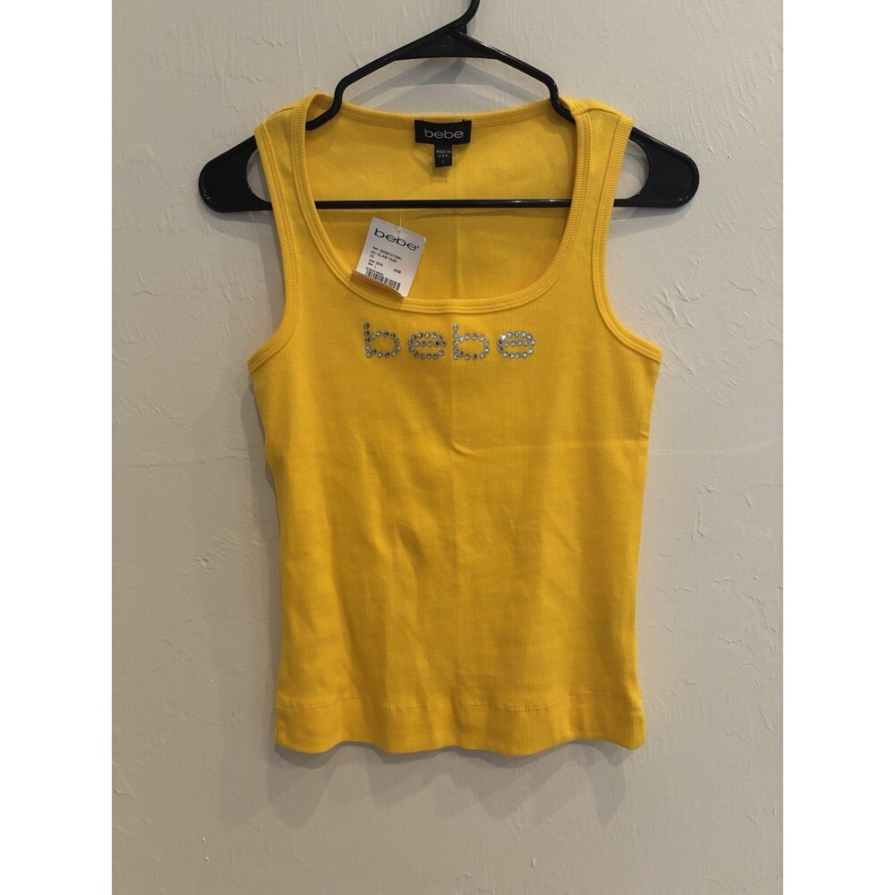 NWT Y2K Vintage Bebe Rhinestone Tank Top Large Yellow Cyber Fairy Grunge McBling